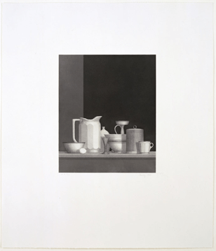 Still life of jugs, cups, bowls, etc. in black and white