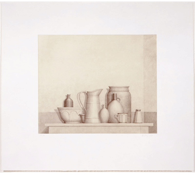 Still life of jugs, cups, bowls, etc. in sepia