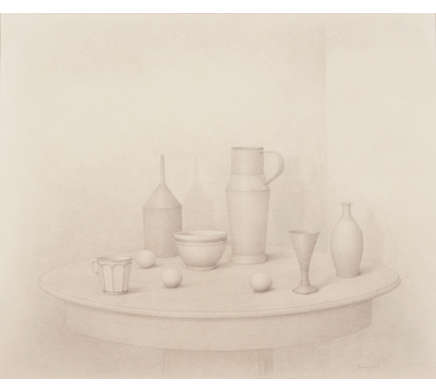 Still life of jugs, cups, bowls, etc. sketch - a study possibly
