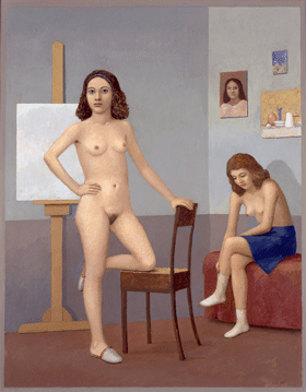 Painting of two nude models in an artist's studio, easel in the background