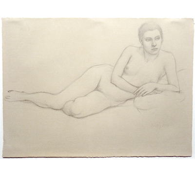 Nude sketch of a person propped on their elbow