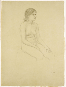 Nude sketch of a person seated, three-quarter view, with hands on lap