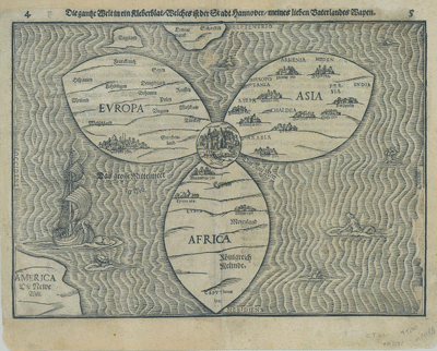 A stylized engraving of the world as a three-petaled flower: Europa, Asia, and Africa. Figures swim or boat in the oceans.