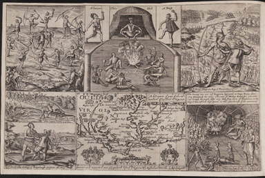 A six framed engraving of Native Americans and colonizers in various scenes and a map of Ould Virginia and the coastline in the bottom center panel