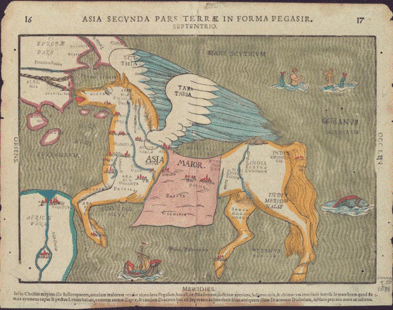 Engraving of a world map stylized as a pegasis with merpeople, a fish, and a boat in the oceans