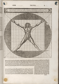 page from a manuscript with a representation of the Vitruvian Man