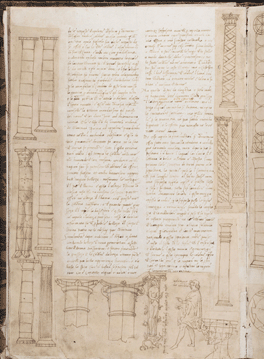 Text surrounded by drawings of columns with bodies imposed on them