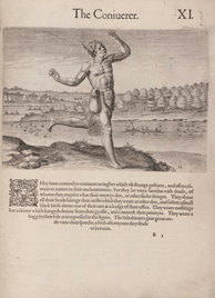 Printed page titled The Conisuerer with an engraving of a muscled man running with his arms flailing 