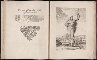 Two pages from a manuscript with an engraving of a woman holding a spear or pole on the recto page