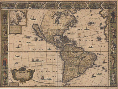 An engraced world man with human figures of various nationalities around the border