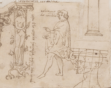 A page with various sketches: a body posed against a column, another pointing and stepping forward, a head in profile.