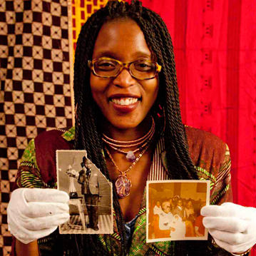 Person holds two pictures from family photographic archive