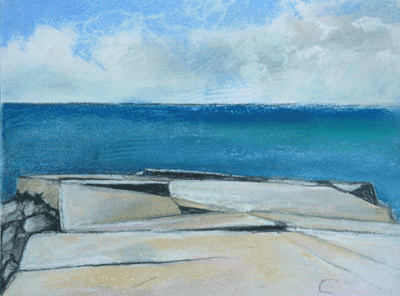 Pastel of breakwater and sea