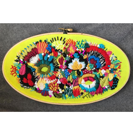 Colorful floral embroidery on a bright yellow background