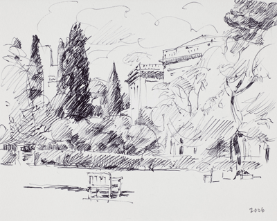 Sketch of a building and a yard or park with a bench