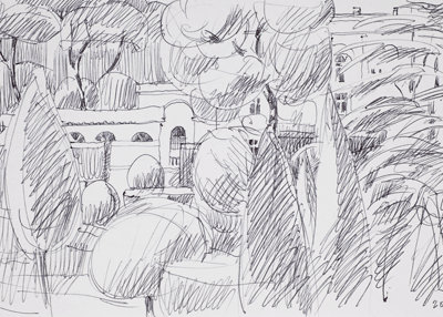 Sketch of a house among trees