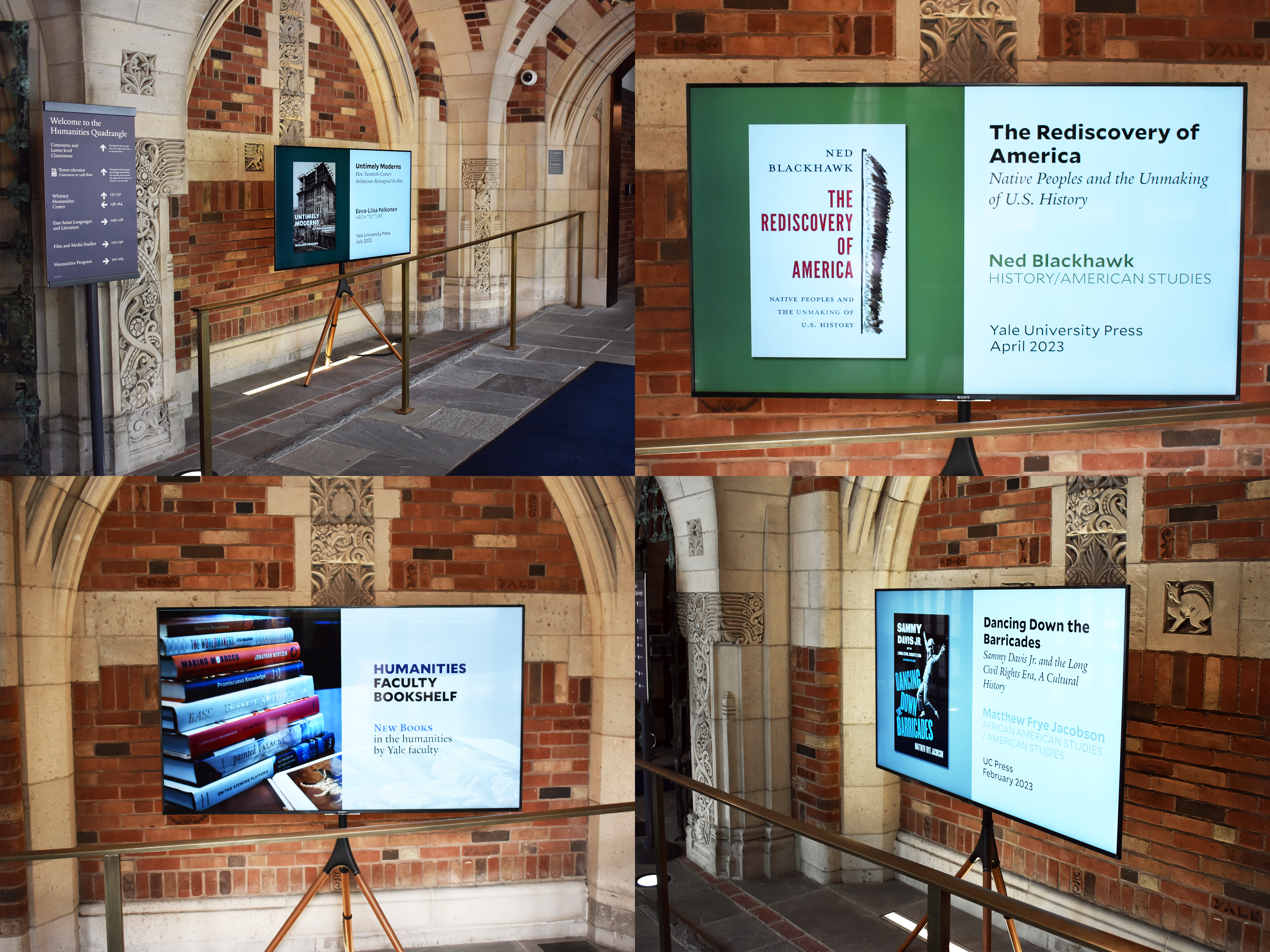 Four photos of a monitor displaying book covers in the front entrance of the Humanities Quadrangle.