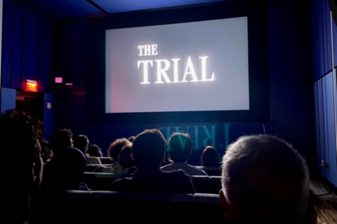 An audience watching THE TRIAL in the Alice Cinema at Yale.