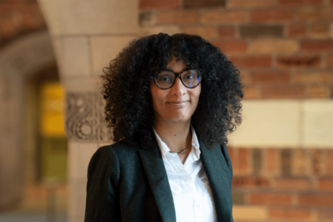 Photograph of Monica Styles in the Humanities Quadrangle at Yale
