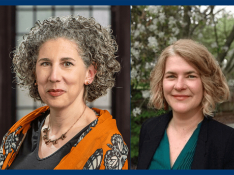 Professional headshots of Laura Nasrallah and Leslie Gross-Wyrtzen with a Yale Blue border.