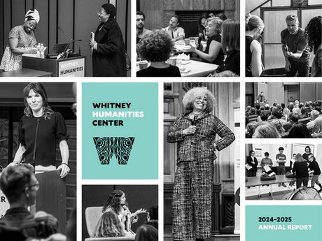 A collage of black and white photos from Whitney Humanities Center events. Two mint colorblocks with black and white font on them read "Whitney Humanities Center" and "2024–2025 ANNUAL REPORT."