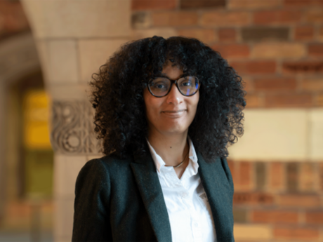 Photograph of Monica Styles in the Humanities Quadrangle at Yale