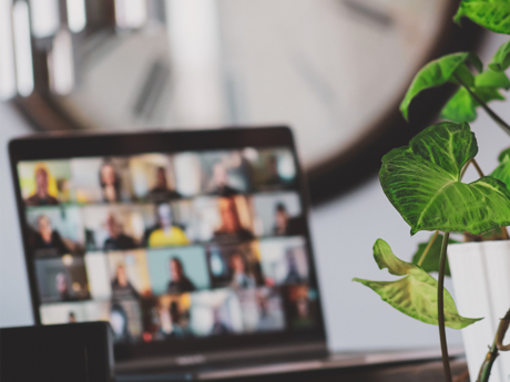 Open laptop with a video conference on the screen next to a houseplant. The screen is out of focus so individual faces are not distinguishable.